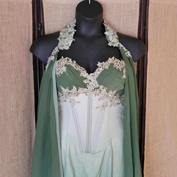 Fantasy Elves Victorian Prom Dress Wrap Cape Green Long Gown Lace Sequin Corset - Picture 4 of 15